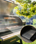Stainless Steel Heat Baffle Diffuser Replacement Part For Traeger Pro 22 And 34 Series Tex Elite Tex 2007 Newer Camp Chef Z Grill Century 22 Pellet Smokers And More, shown in use inside a pellet grill with food on the grate, with a highlighted detail inset showing the heat baffle close-up.
