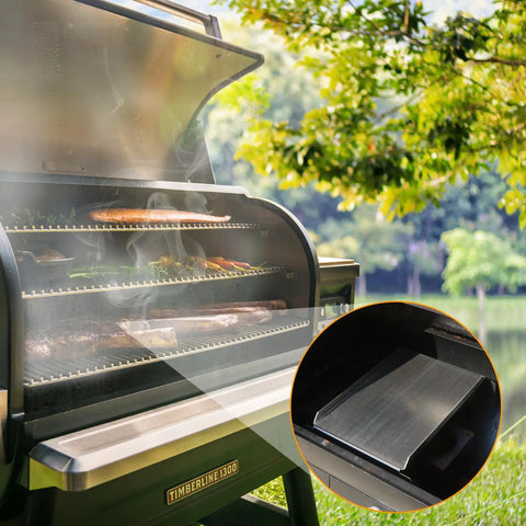 Stainless Steel Heat Baffle Diffuser Replacement Part For Traeger Pro 22 And 34 Series Tex Elite Tex 2007 Newer Camp Chef Z Grill Century 22 Pellet Smokers And More, shown in use inside a pellet grill with food on the grate, with a highlighted detail inset showing the heat baffle close-up.