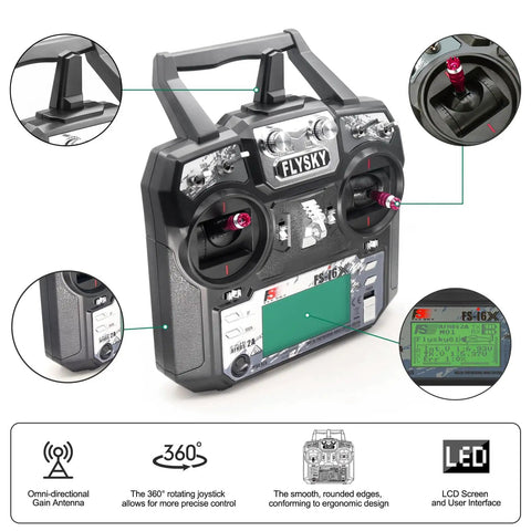 Six Channel 2.4GHz RC Transmitter Controller With iA6B Receiver featuring control knobs and LCD screen for FPV drones and vehicles.
