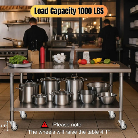 Set of 4, 3-inch expanding-stem swivel casters for stainless steel prep table; mounted on a wheeled kitchen cart with pots.