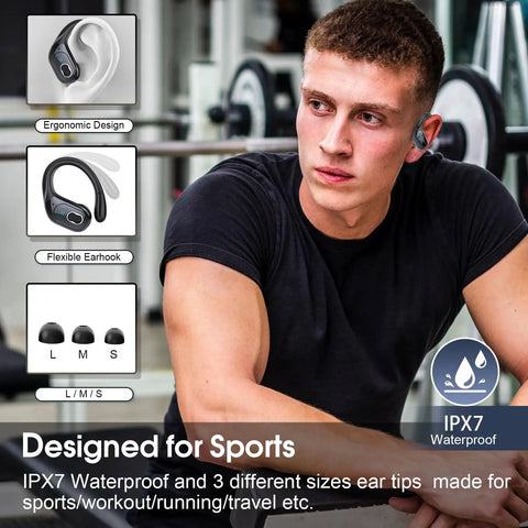 Man wearing Long Battery Wireless Earbuds With 75 Hours Play Time, Bluetooth 5.4 Sport Buds, IPX7 Waterproof for workouts