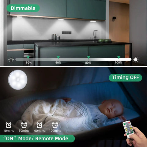 Wireless Motion Sensor LED Closet Lights With Remote USB Rechargeable Puck Lights, 4-Level Dimming installed under cabinets