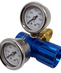Front view of argon regulator with blue aluminum body, dual gauges, and brass inlet (0–400 psi).
