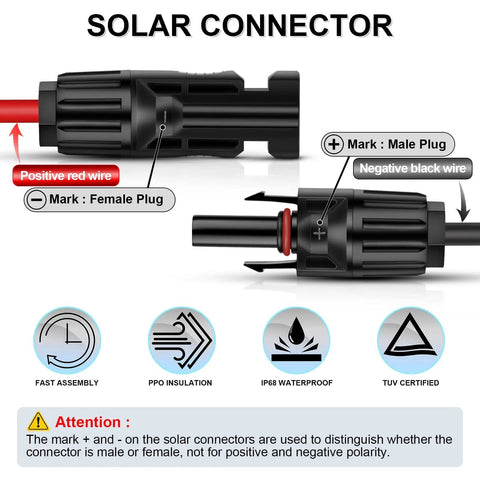 Heavy Duty 3 Feet 10 AWG Solar Panel Extension Cable With Waterproof IP67 Connectors Red And Black Pair For Outdoor Use