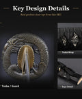 Close-up of Real Deal Aluminum Iaito Training Katana tsuba with dragon motif, tsuka wrap, and saya detailing