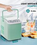 Hella Fast Portable Ice Maker With Built In Handle Makes Twenty Six Pounds Fresh Ice Daily on countertop with drinks nearby.