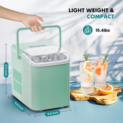 Hella Fast Portable Ice Maker With Built In Handle Makes Twenty Six Pounds Fresh Ice Daily on countertop with drinks nearby.