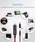 Heavy Duty 12 To 24 Volt Car Charger Cable With Dual DC Plug Sizes For Five Point Five By Two Point One Millimeter And Four Point Zero By One Point Seven Millimeter To Car Cigarette Lighter Male Plug LED Indicator Four Foot Cord And Three Amp Fuse – application for household appliances, LED lights, camera extension.