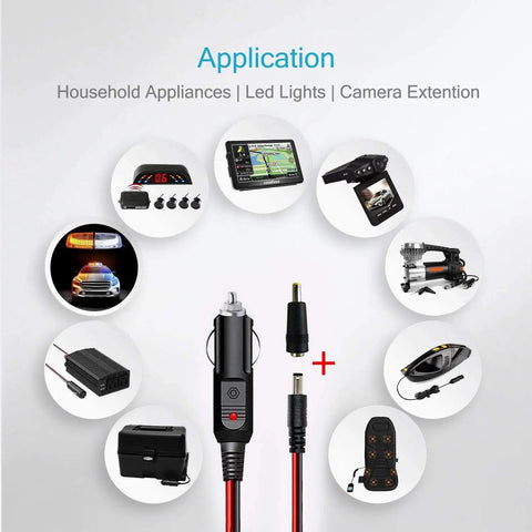 Heavy Duty 12 To 24 Volt Car Charger Cable With Dual DC Plug Sizes For Five Point Five By Two Point One Millimeter And Four Point Zero By One Point Seven Millimeter To Car Cigarette Lighter Male Plug LED Indicator Four Foot Cord And Three Amp Fuse – application for household appliances, LED lights, camera extension.