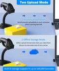 Bluetooth Wireless 2D Barcode Scanner with Auto Sensing Stand Hands Free Scanning When Placed On The Stand Battery Level Indicator And Multi Mode QR Code Reading Ideal For Retail Inventory And Point Of Sale showing instant and offline upload modes