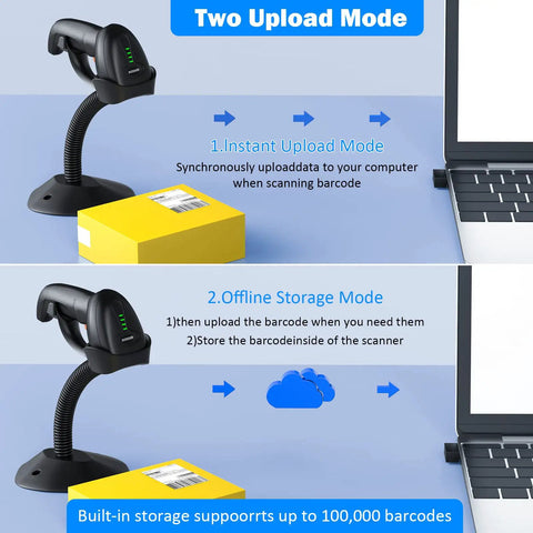 Bluetooth Wireless 2D Barcode Scanner with Auto Sensing Stand Hands Free Scanning When Placed On The Stand Battery Level Indicator And Multi Mode QR Code Reading Ideal For Retail Inventory And Point Of Sale showing instant and offline upload modes