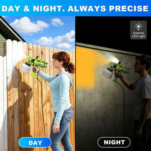 Powerful 1000W Electric Paint Sprayer For Fast House Painting With Smooth Coverage On Walls Furniture And Fences No Drip Hassle Gets Jobs Done Quick Weekenders Will Absolutely Love This Corded Gun in use during day and night.