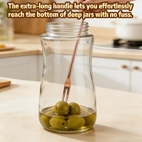 Six-Piece Pickle Fork Set With 8.66-Inch Long-Handle Olive Forks in glass jar with pickles, stainless steel, rose gold finish