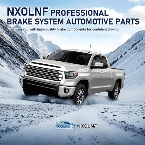 NXOLNF Professional Brake System Automotive Parts for confident driving, featuring a silver pickup truck in a snowy landscape.
