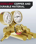 Oxygen Regulator With Welding Gauges For 0 To 4000 PSI Inlet And 0 To 100 PSI Outlet, brass material, close-up view
