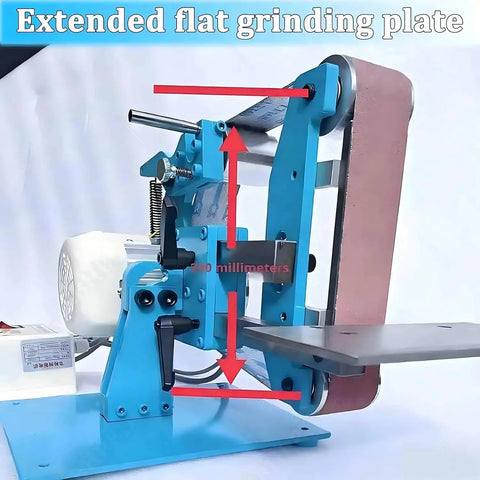 Pro 750W Brushless Belt Sander Machine With Adjustable Speed Up To 6500 RPM Dual-Use Bench Polisher showing extended flat grinding plate.