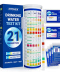 21 In 1 Drinking Water Test Kit With 145 Strips And 4 Bacteria Tests for Well, Tap, and Home Use, showing test strips and packaging.