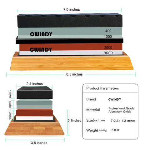Dual Sided Whetstone Knife Sharpening Kit With 400 1000 And 3000 8000 Grits Wet Stone Set on non-slip wood base with dimensions.