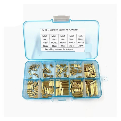 Durable Brass Threaded Spacers Kit for Security Cams, 200 Pcs Set of M2 Standoff Pillars in blue organizer