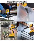 Different uses of rivet guns in automotive and industrial settings.