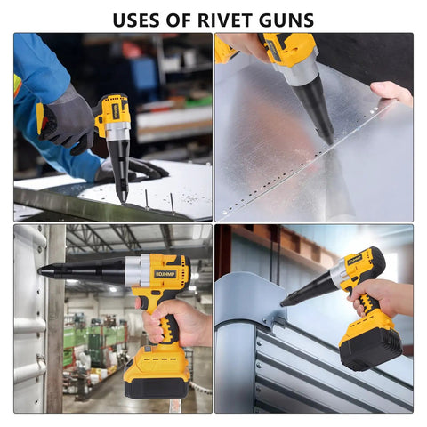 Different uses of rivet guns in automotive and industrial settings.