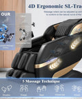 4D Full Body Massage Chair For Next Level Comfort With SL Track Shiatsu Zero Gravity Recliner AI Control Heating Airbags Foot Rollers Bluetooth Speaker LED Light For Home And Office Use 2026 Model shows massage features
