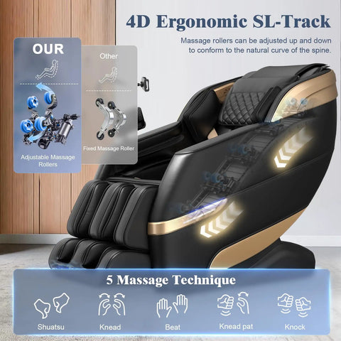 4D Full Body Massage Chair For Next Level Comfort With SL Track Shiatsu Zero Gravity Recliner AI Control Heating Airbags Foot Rollers Bluetooth Speaker LED Light For Home And Office Use 2026 Model shows massage features