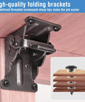 Close-up of 12 Pack Heavy Duty Self Locking Hinges For Folding Tables attached to wood, showcasing steel bracket detail.