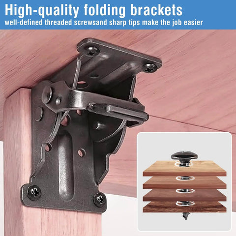 Close-up of 12 Pack Heavy Duty Self Locking Hinges For Folding Tables attached to wood, showcasing steel bracket detail.