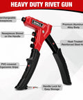 One Handed Rivet Gun Kit With 200 Pop Rivets And 4 Interchangeable Nosepieces 4 HSS Drill Bits Carrying Case For Auto Body Furniture And Sheet Metal Repair DIY Friendly Pro Grade, showing ergonomic grips, aluminum alloy body, and nosepieces.