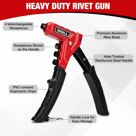 One Handed Rivet Gun Kit With 200 Pop Rivets And 4 Interchangeable Nosepieces 4 HSS Drill Bits Carrying Case For Auto Body Furniture And Sheet Metal Repair DIY Friendly Pro Grade, showing ergonomic grips, aluminum alloy body, and nosepieces.