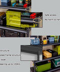 Heavy Duty Pegboard Display Stand With Rollin Wheels, Three Tier Garage Storage Rack For Tools Hardware And Workshop Organizing, Super Tough Black Metal Shelf with green and black storage boxes.