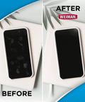 Before and after using Disinfecting Tech Wipes 99.9 Percent Germ Killer for dirty and clean phone screen comparison.