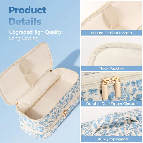 Travel Hair Tools Case For Styling Systems, open view showing thick padding and elastic strap with floral design, dual zipper.