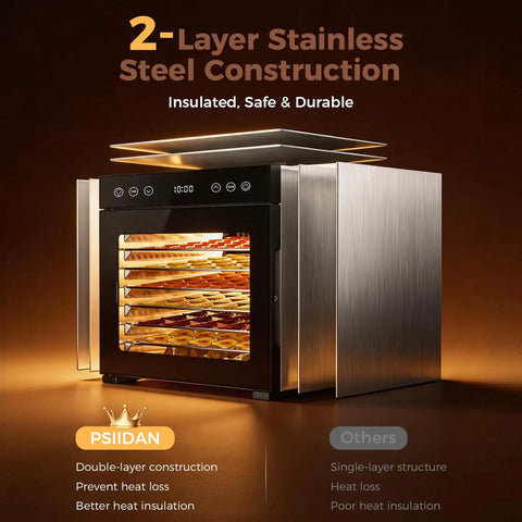Eight Tray Stainless Steel Food Dehydrator With Digital Timer And Precise Temperature Control Auto Shut Off Ultra Quiet 650W Motor showcase with fruits.
