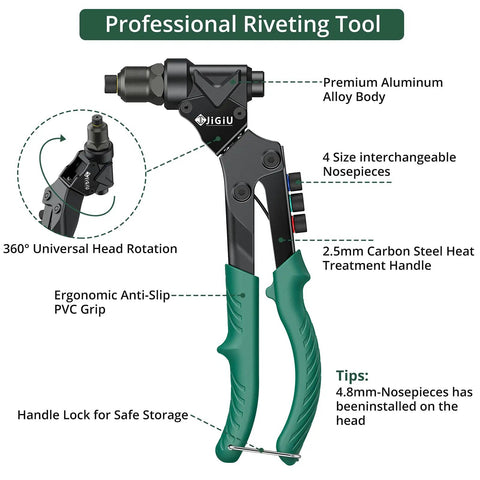 3 In 1 Do It All Rivet Nut Tool Kit With Swivel Head For Metal And Auto Sheet Metal DIY Repairs Includes 4 Mandrels 4 Rivet Heads And 2 Reaming Mandrels Heavy Duty Pop Rivet Gun showing ergonomic grip and universal head rotation