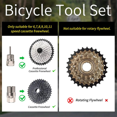 5 Piece Bike Cassette Removal Tool Set With Chain Whip And Auxiliary Wrench Pro Grade Freewheel And Lock Ring Remover Sprocket Extractor Bicycle Gear Tool Kit showing compatibility with 6-11 speed cassettes