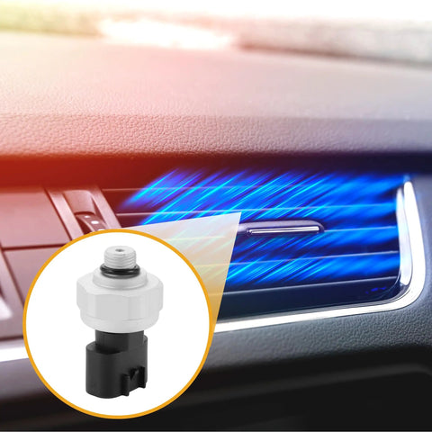 AC Pressure Switch Sensor For Toyota Camry 2006-2017 Car Air Conditioning Refrigerant Pressure Transducer Plastic And Metal Black Housing Keeps Your AC Chill Stops Compressor Short Cycling Stores Fault Codes next to car air vent with cool air effect.