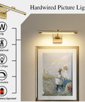 Dimmable LED Picture Light With Swing Arm, 16.5 Inch Dope Brass Finish Wall Lamp illuminating wall art, hardwired setup visible