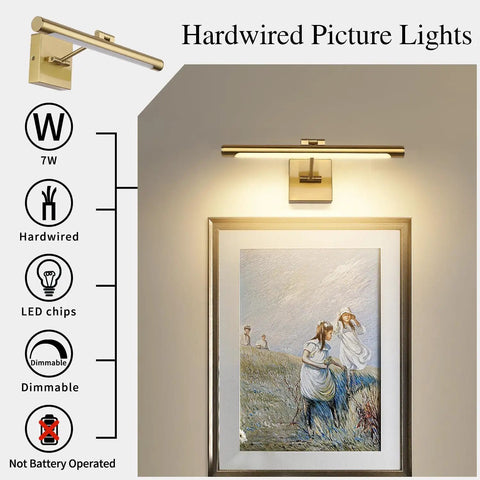 Dimmable LED Picture Light With Swing Arm, 16.5 Inch Dope Brass Finish Wall Lamp illuminating wall art, hardwired setup visible