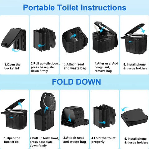 Instructions for assembling and folding Portable Toilet for Adults Foldable Camping Toilet With Lid and Paper Holder.