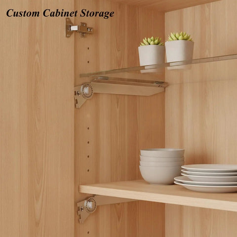 Adjustable Shelf Bracket, Beefy Stainless Steel Support For Glass And Wood Shelves in cabinet storage with plates