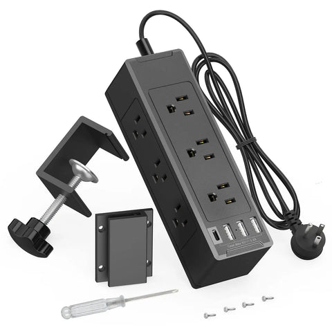 Desk Clamp Power Strip With USB C PD, 9 Outlets And 4 USB Ports, 13-In-One Charging Station with mounting bracket and screws.