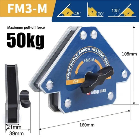 Premium Quality Hella Secure Magnetic Welding Positioner Clamp With Quick Toggle Switch For Rock Solid Heavy Metal Alignments And Reliable Workshop Fabrication Projects, FM3-M with measurements and 50kg pull-off force.