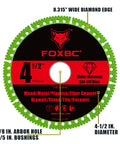 FOXBC 4-1/2 in. multi-material diamond cut-off disc for angle grinders, 7/8 in. arbor, green diamond edge, front view