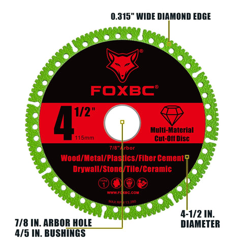 FOXBC 4-1/2 in. multi-material diamond cut-off disc for angle grinders, 7/8 in. arbor, green diamond edge, front view