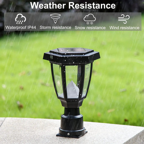 Solar Post Light Outdoor Garden Lamp With Pier Mount Base, Waterproof LED Fence Post Light, shown in rainy weather.