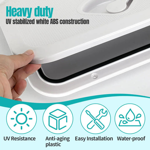 Rugged Abs Marine Deck Access Hatch 14 Inch Rectangle Boat Lid featuring UV stabilized white ABS construction and rubber gasket seal.