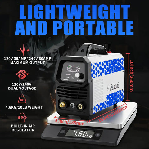 Image of the 60A Plasma Cutter With Large LED Display and Dual 120V 240V IGBT Inverter, showcasing portability and compact size.