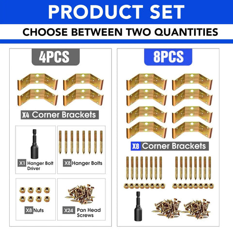 Product set of Heavy Duty Table Leg Corner Brackets With Iron Hanger Bolt includes 4 or 8 brackets and installation hardware.